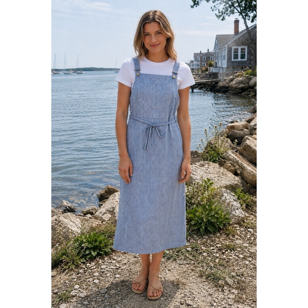 LL Bean Blue White Stripe Overall Pinafore Dress Cottagecore Prairie Cotton 14